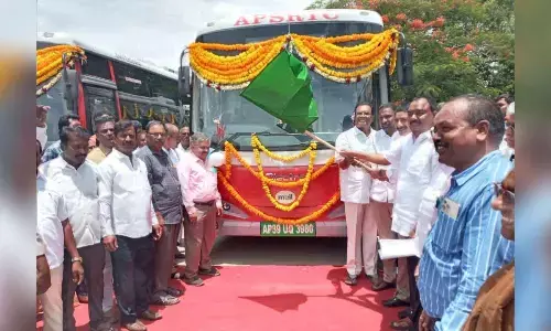 APSRTC Chairman Mallikarjuna Reddy along with Madanapalle MLA Nawaz Basha flagging off AC electric bus service to Tirupati in Madanapalle bus depot on Monday.