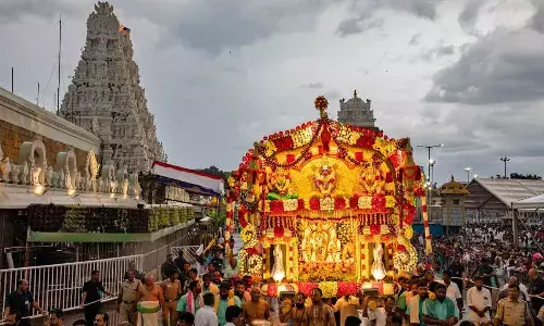 On the occasion of Anivara Asthanam, Lord Malayappa along with His consorts being taken out in a procession atop Pushpa Pallaki at Tirumala on Monday evening