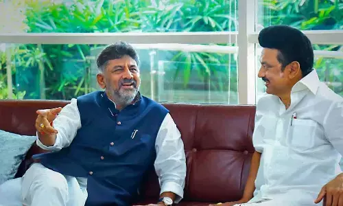 Tamil Nadu Chief Minister MK Stalin with Karnataka Deputy Chief Minister and Congress leader DK Shivakumar upon his arrival at HAL airport ahead of the united  opposition meeting in Bengaluru on Monday