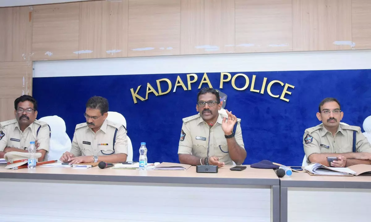 Superintendent of Police KKN Anburajan addressing the district-level crime review meeting held at Pennar Police Conference hall in Kadapa on Wednesday