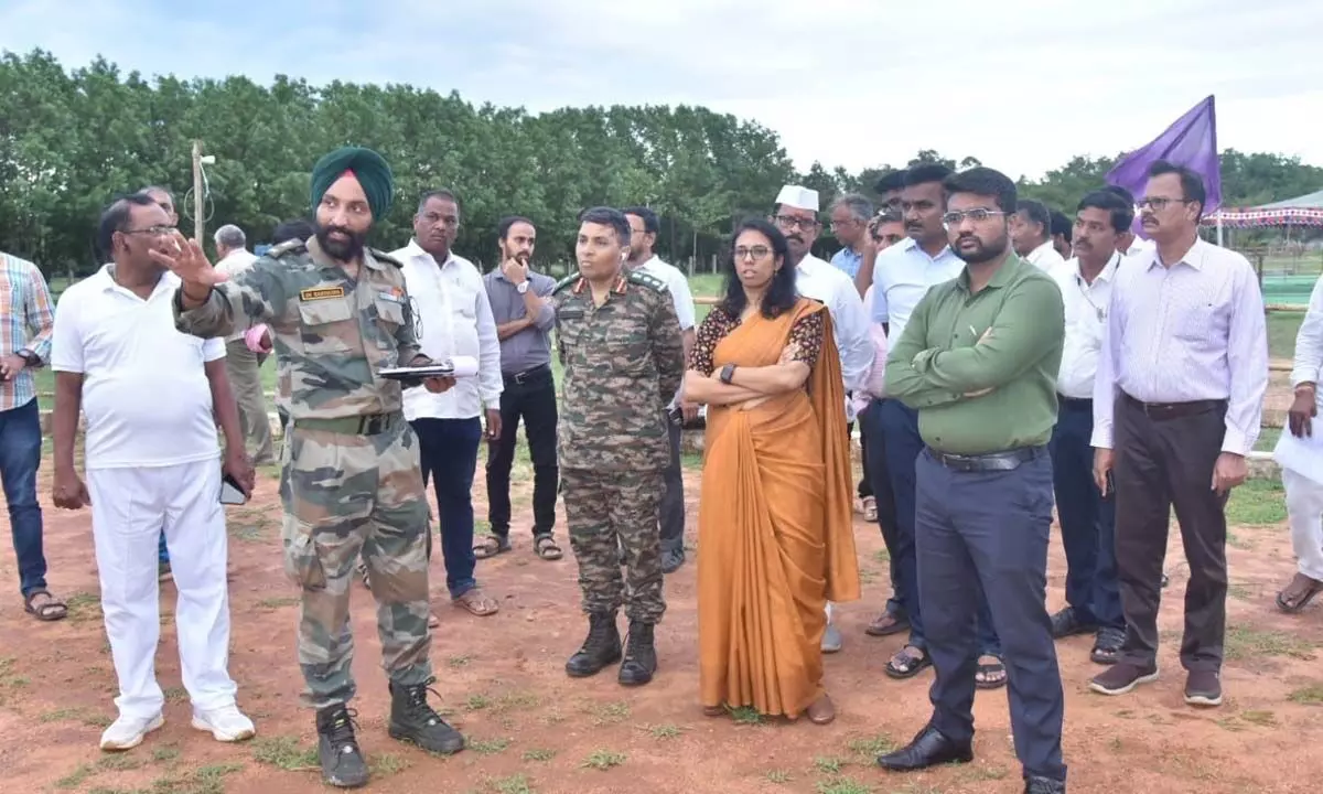 Collector S Nagalakshmi and other officers visiting the ground in Vizianagaram on Wednesday