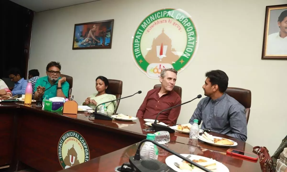 British Deputy High Commissioner Gareth Wynn Owen speaking to Deputy Mayor Bhumana Abhinay Reddy at the office of the Municipal Corporation of Tirupati on Wednesday. Municipal Commissioner D Haritha and others are also seen.