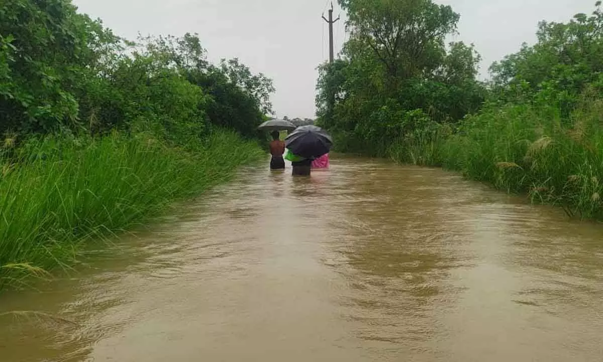 Vehicular traffic was disrupted due to rain water reaching the main road between Bairagulapadu Sunnam Batti villages in Dummugudem mandal in Kothagudem district on Wednesday.