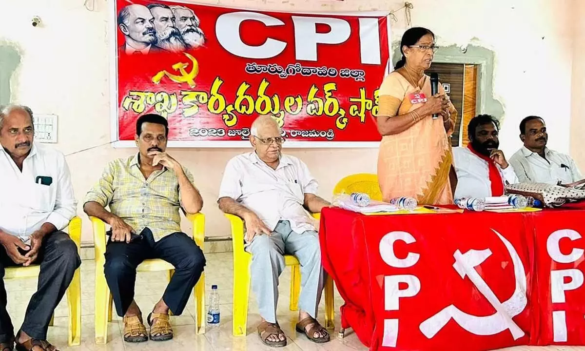 CPI national executive committee member Akkineni Vanaja speaking at the workshop of CPI district-level secretaries in Rajamahendravaram on Wednesday
