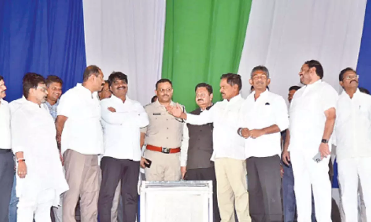 Deputy Chief Minister K Narayana Swamy, Tirupati District Collector K Venkataramana Reddy, SP P Parameswar Reddy and others reviewing the arrangements at the CM’s public meeting venue in Venkatagiri on Wednesday