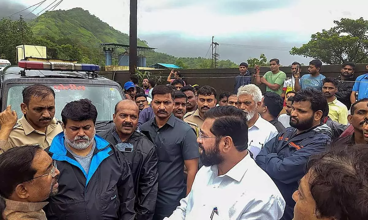 Maharashtra Chief Minister Eknath Shinde visits to take stock of the situation after a landslide at Irshalwadi village in Raigad district on Thursday
