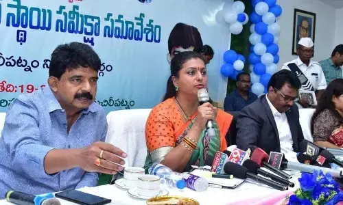 Tourism Minister RK Roja addressing the media in Machilipatnam on Wednesday