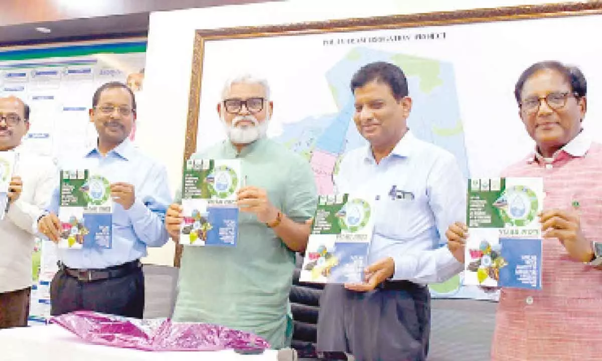 Water Resources Minister Ambati Rambabu Ambati Rambabu and Irrigation officials releasing brochures on 25th ICID international Congress in Vijayawada on Thursday  Photo: Ch Venkata Mastan