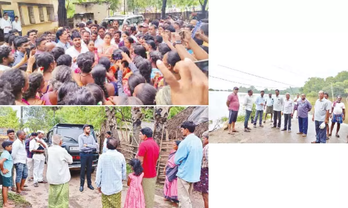 Rampachodavaram MLA N Dhana Lakshmi and MLC Anantha Babu interacting with the flood affected  in VR Puram mandal on Friday; Sub-Collector Shubham Bansal speaking to Tekubaka villagers in Kunavaram mandal on Friday; CPM leaders at Sriramagiri surrounded by floodwaters on Friday