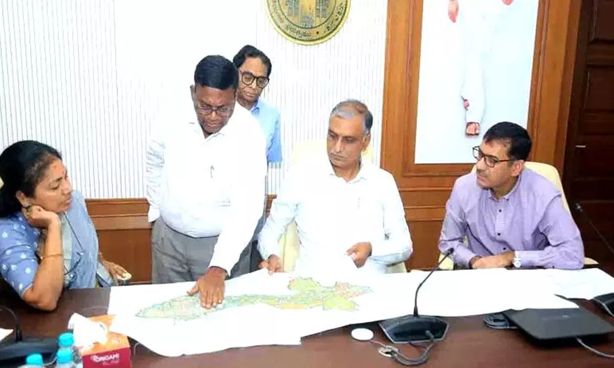 Mininster for Health Harish Rao along with Aler MLA, Government Whip Gongidi Sunitha and officials concerned discussing about the medical college to be established in Yadagirigutta, at a meeting held in Hyderabad