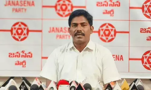 JSP corporator Murthy Yadav speaking at media conference  in Visakhapatnam on Friday