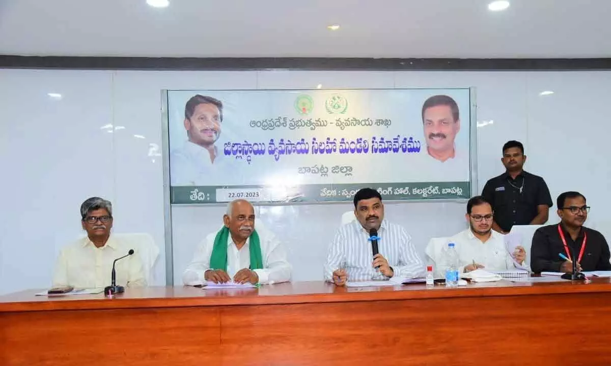 Collector P Ranjit Basha addressing the District Agriculture Advisory Board meeting at the  Collectorate in Bapatla on Saturday