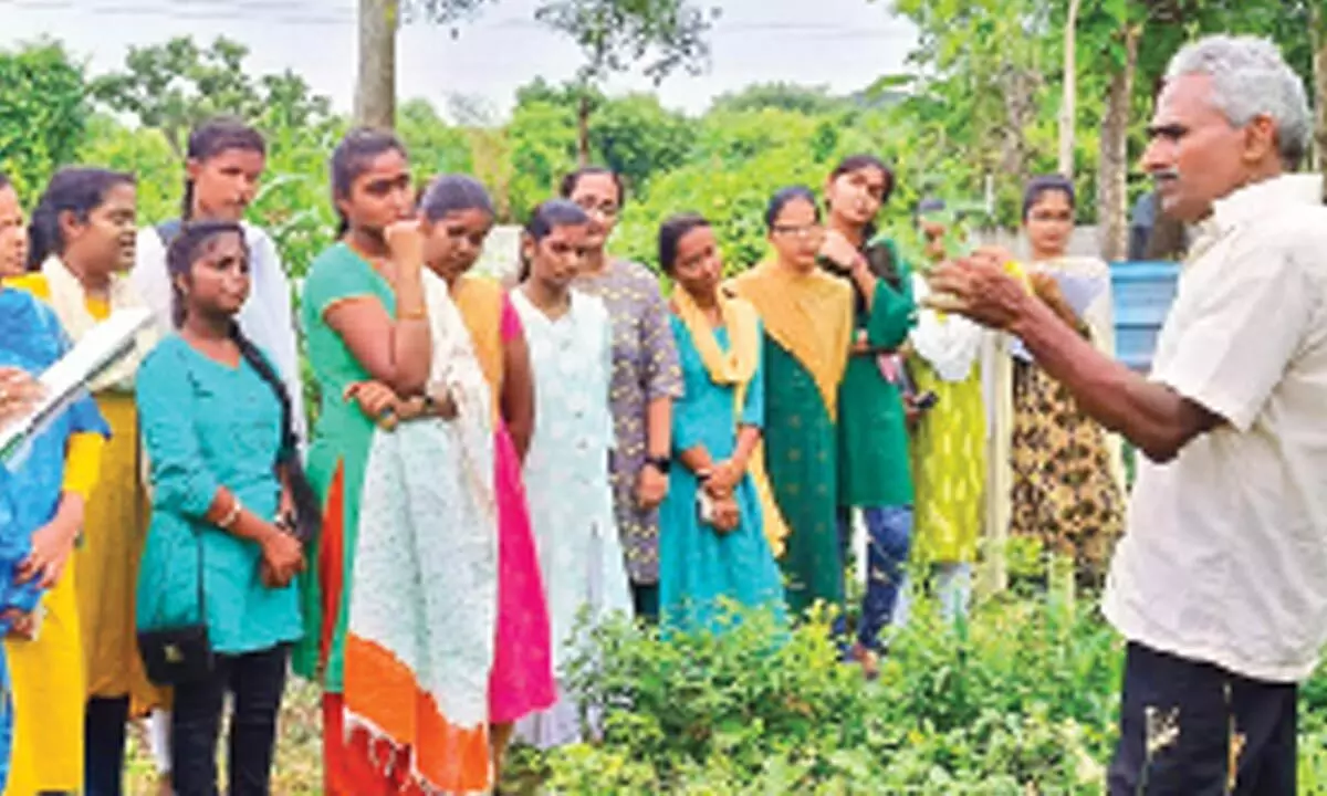 Noted environmentalist and Vaividhya Trust chairman B Anjireddy explaining about various plants to the students of Jahnavi NEET Academy at Guntiganga village on Sunday