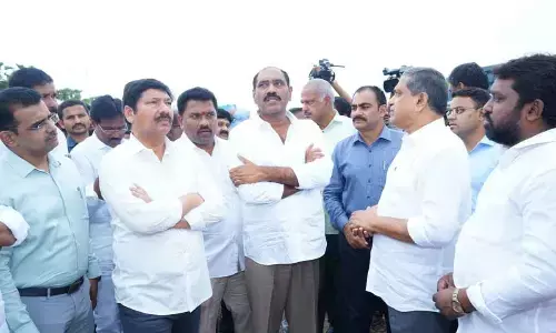 Minister for Housing Jogi Ramesh and others inspecting the arrangements for the Chief Minister’s programme in Amaravati capital region on Saturday
