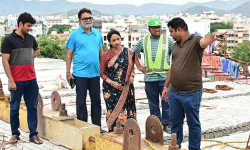 Municipal Commissioner D Haritha inspecting the Srinivasa Sethu flyover works near RoB in Tirupati on Sunday