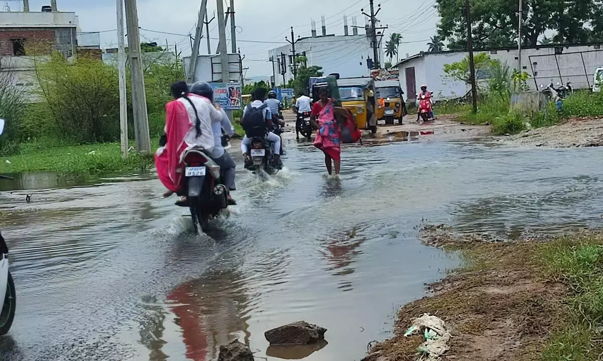A view of a rain-inundated road at Gopalapatnam in Visakhapatnam.