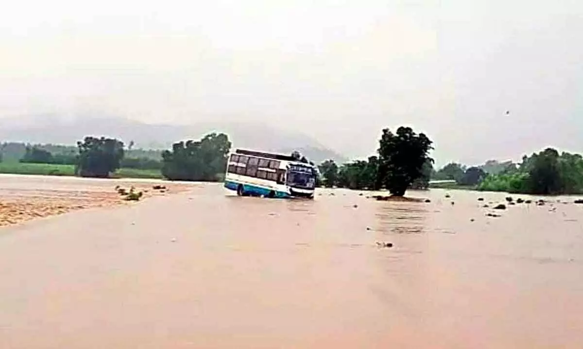 Odisha private travels bus that stuck in floodwater in Chinturu mandal on Monday