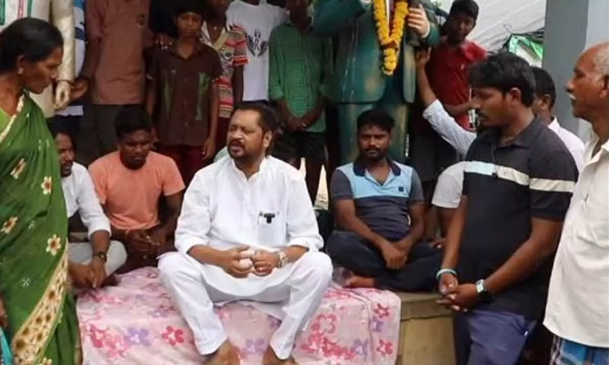 Former MP GV Harsha Kumar interacting with Dalits at Tirumalayapalem village on Monday