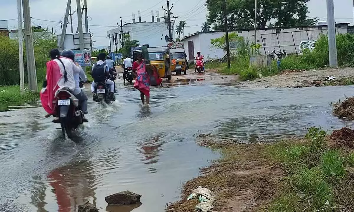 A view of a rain-inundated road at Gopalapatnam in Visakhapatnam