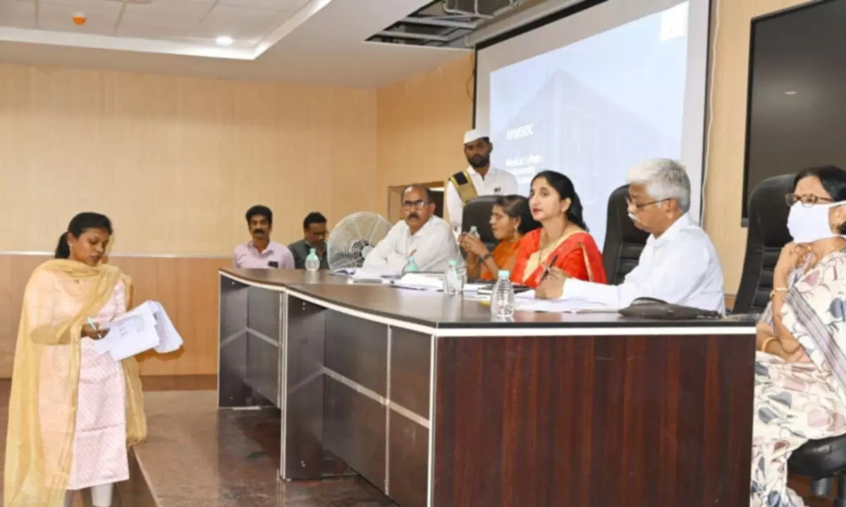 Collector Dr K Madhavi Latha speaking at the review  meeting held at the Government Hospital on Tuesday