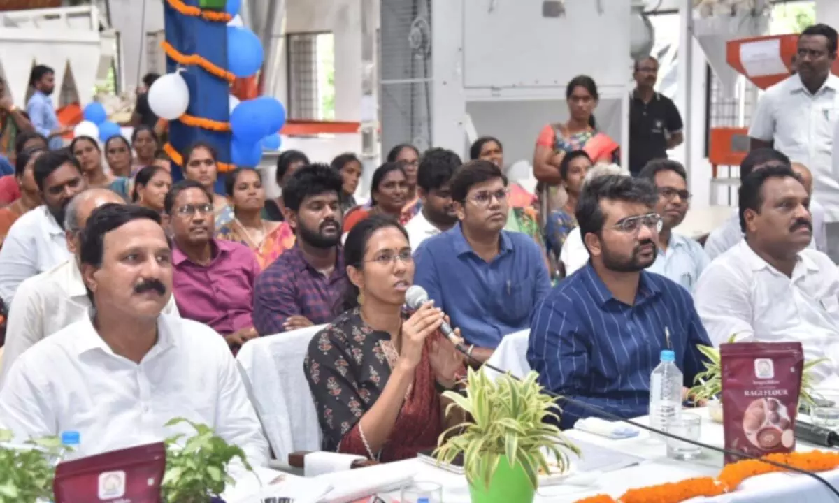 Collector S Nagalakshmi, Joint Collector Mayur Ashok and others taking part in the inaugural function of the millets processing plant in Vizianagaram