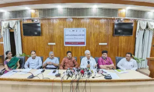 IIT Director Prof K N Satyanarayana addressing the media in Tirupati on Monday. SPMVV V-C Prof D Bharathi, Dr Rajesh Vishwanathan of IISER, Manjunath of KVS, SVU V-C Prof K Raja Reddy, Prof Sankar Narayan of NSU and SVU Registrar Prof OMd Hussain are seen.