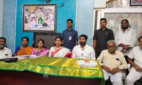 Home Minister Taneti Vanitha, MP Margani Bharat and others addressing media conference in Kovvur on Tuesday