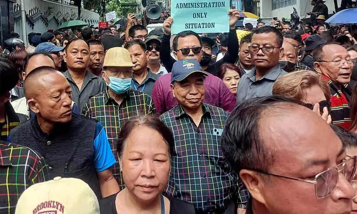 Mizoram CM Zoramthanga along with civil society organisations members takes part in a demonstration to express solidarity with the Zo people in ethnic strife-torn Manipur, in Aizawl on Tuesday