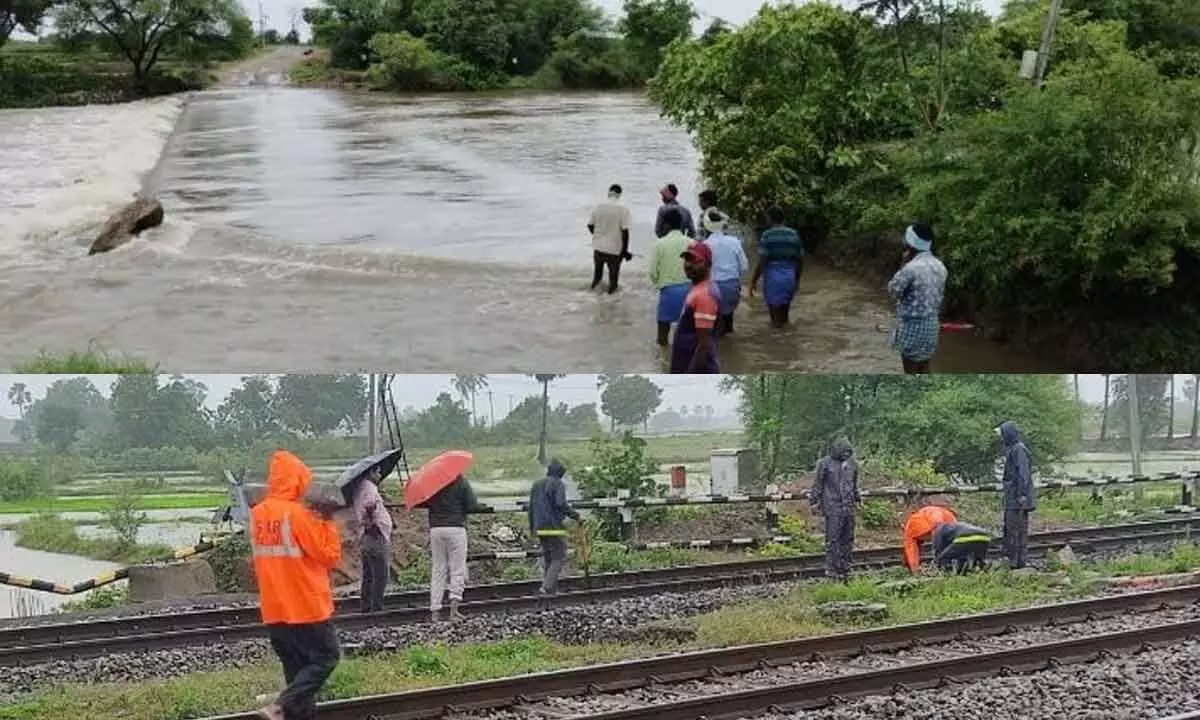 An overflowing stream in Shankarapatnam mandal in Karimnagar district; Railway department engineers inspected the condition of the track due to flood water at Upparapally under bridge in Peddapalli district