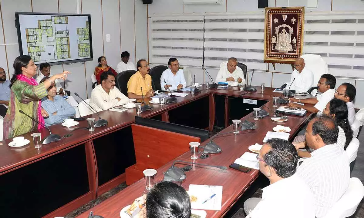 Karnataka state officials led by Endowment minister Ramalinga Reddy and TTD EO AV Dharma Reddy on Wednesday reviewing the progress of the Karnataka pilgrim complex coming up in Tirumala.