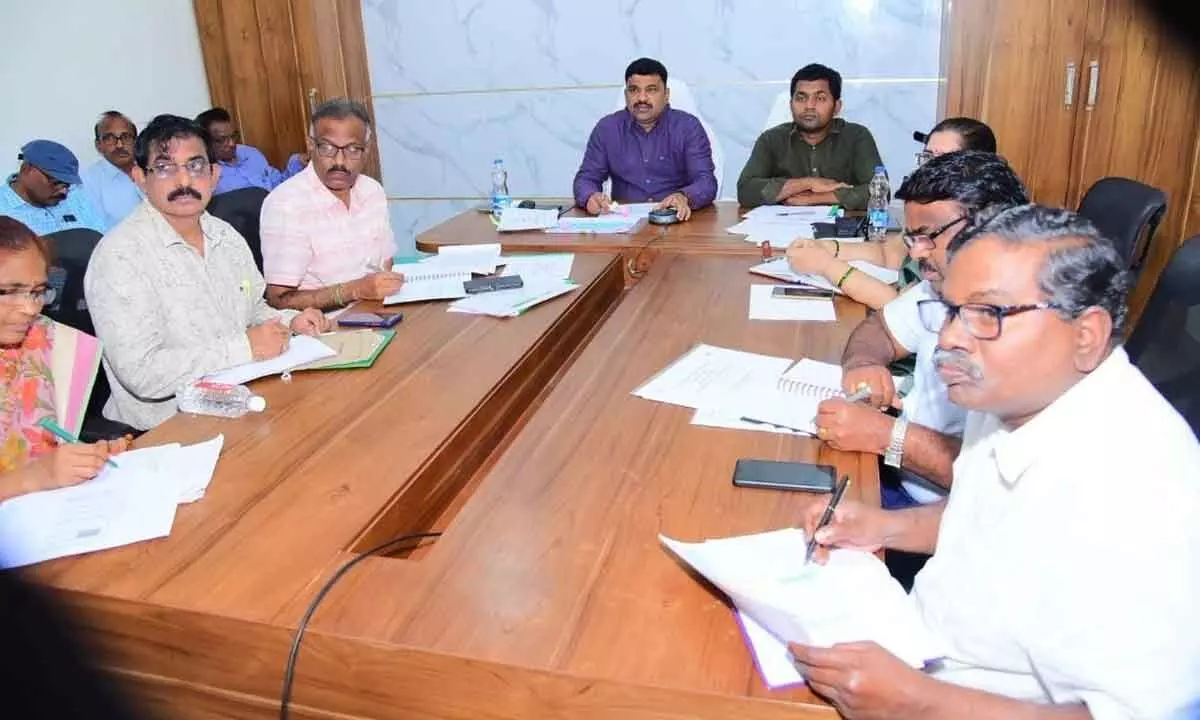 Bapatla district Collector P Ranjit Basha addressing a meeting at the Collectorate in Bapatla on Wednesday