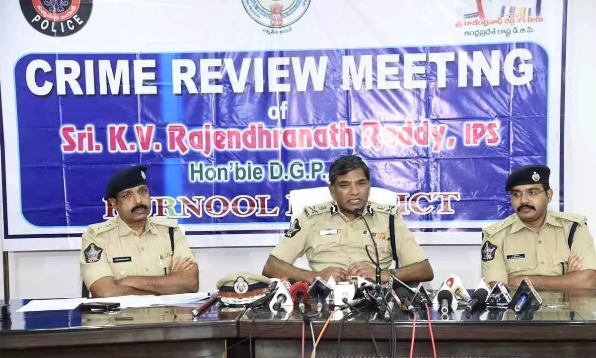 DGP K V Rajendranath Reddy, along with SPs of Kurnool and Nandyal G Krishnakanth and  K Raghuveer Reddy, addressing a media conference in Kurnool on Wednesday.