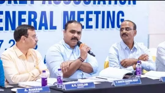 President of Andhra Cricket Association Sarath Chandra Reddy speaking during the 70th annual general body meeting held in Visakhapatnam on Sunday.