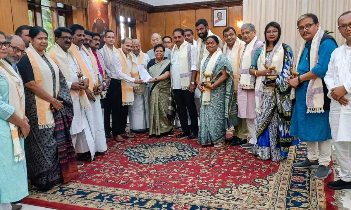 Congress MP Adhir Ranjan Chowdhury, AAP MP Sushil Gupta, TMC MP Sushmita Dev and other members of Opposition INDIA bloc submit a memorandum to Manipur Governor Anusuiya Uikey after visiting the state on Sunday