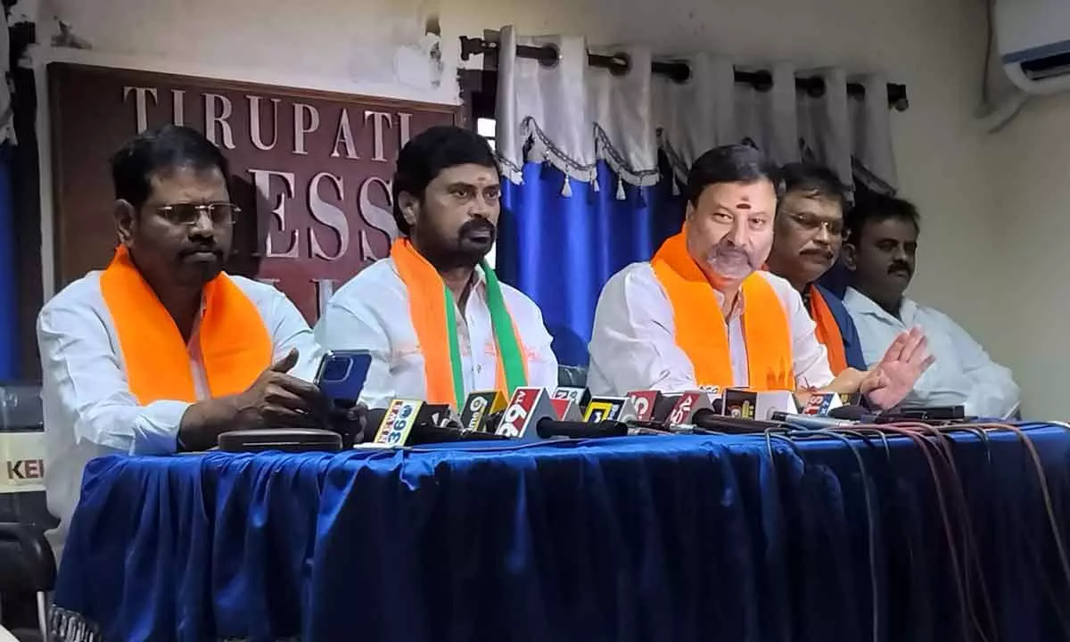 BJP leaders speaking to the media at a press meetin Tirupati on Sunday