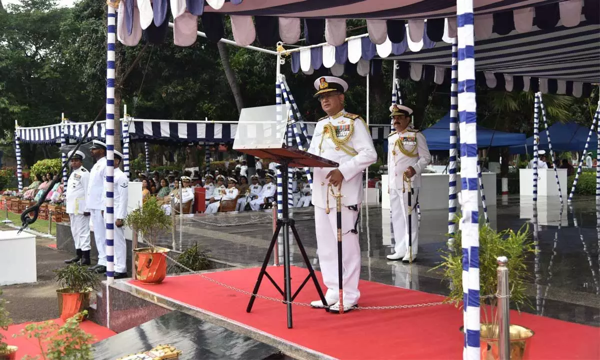 Vice Admiral Biswajit Dasgupta addressing during the change of command parade in Visakhapatnam on Monday