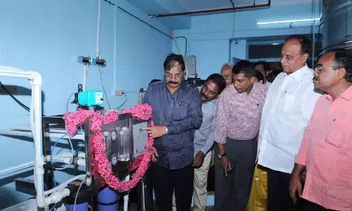 MPs A Prabhakar Reddy and Vemireddy Prabhakar Reddy, district Collector Harinarayan inaugurating water plant at Government Hospital in Nellore on Sunday