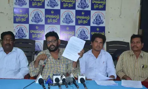 Adivasi Maha Sabha legal adviser Inyapurapu Suryanarayana speaking at a press meet in Rajamahendravaram on Monday