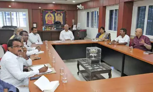 TTD EO A V Dharma Reedy reviews the arrangements for two Brahmotsavams at a meeting held with devasthanams officials in Tirumala on Monday