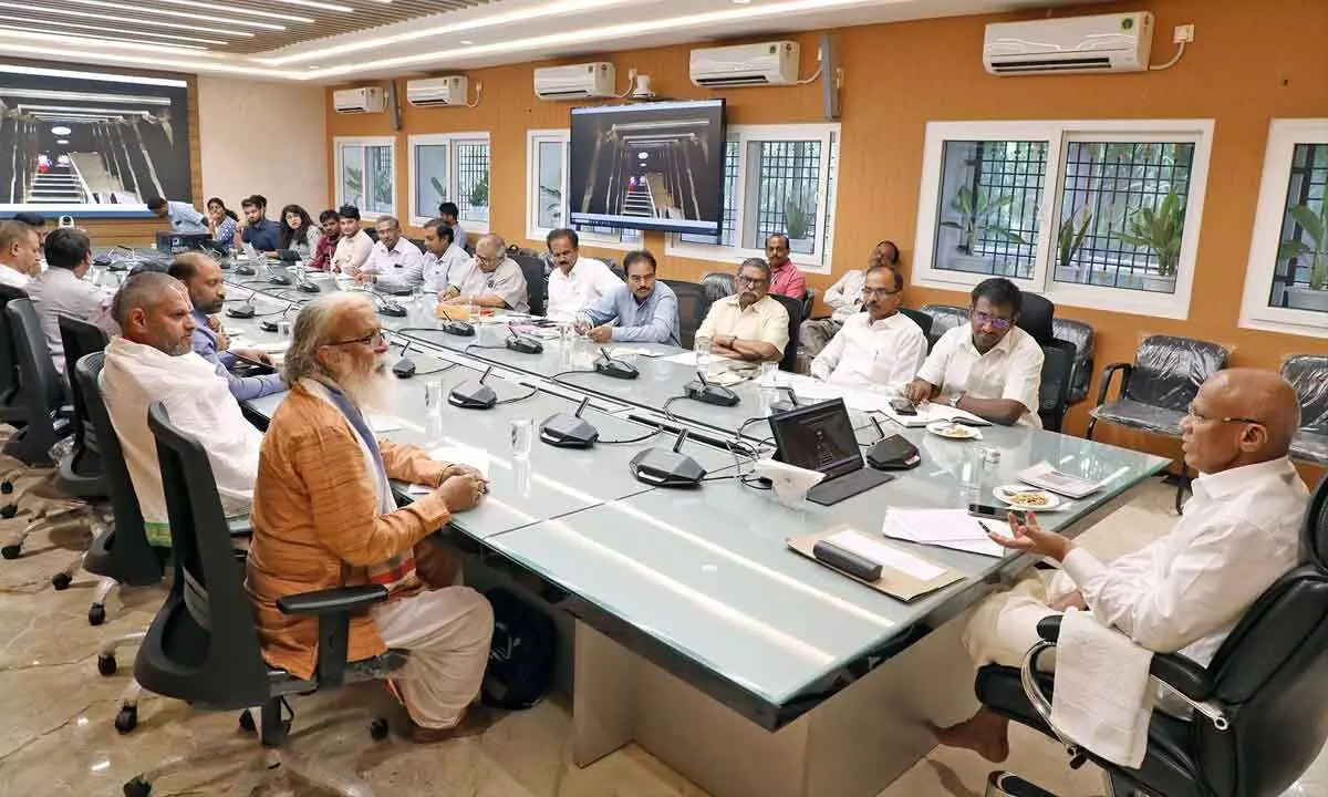 TTD Executive Officer A V Dharma Reddy holding a meeting with officials at the Administrative Building in Tirupati on Tuesday