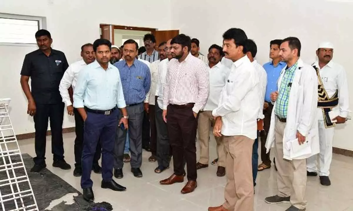 Collector B Gopi inspecting the medical college works in Karimnagar on Tuesday