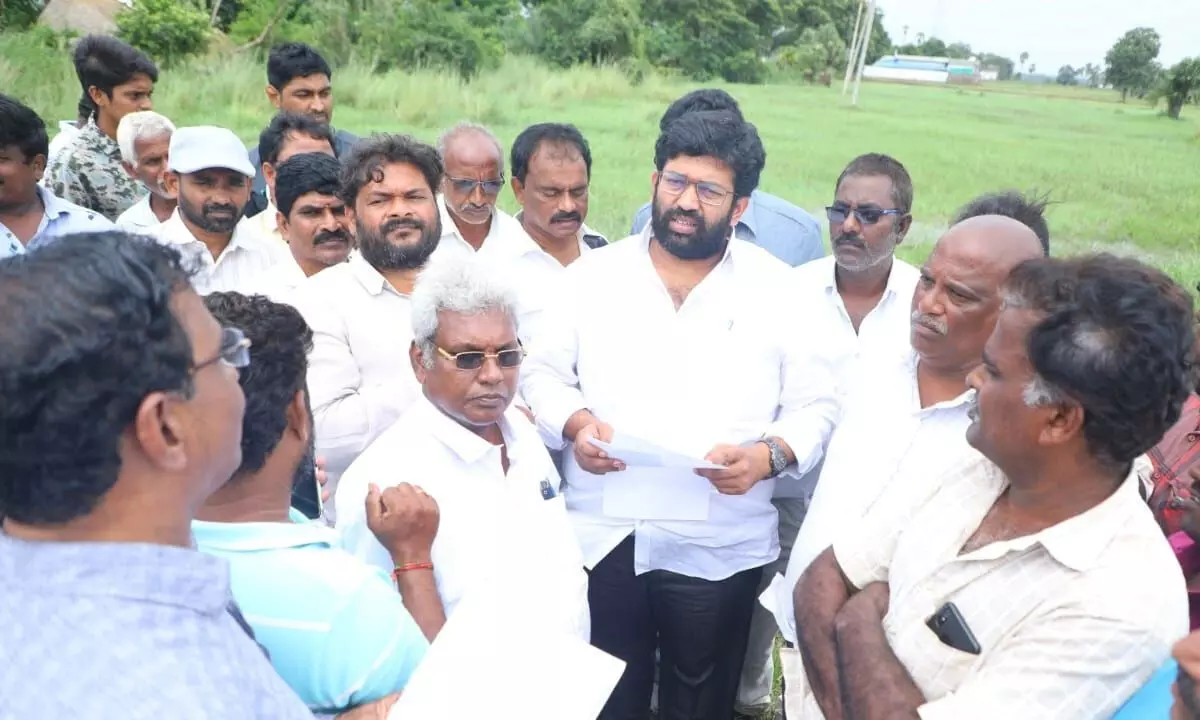 Rajanagaram MLA Jakkampudi Raja inspecting waterlogged fields at Srirangapatnam village on Wednesday