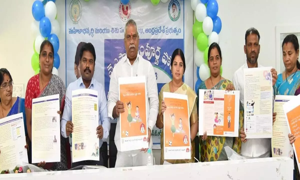 MLA Malladi Vishnu and other officials releasing posters on World Breastfeeding Week celebrations in Vijayawada on Wednesday