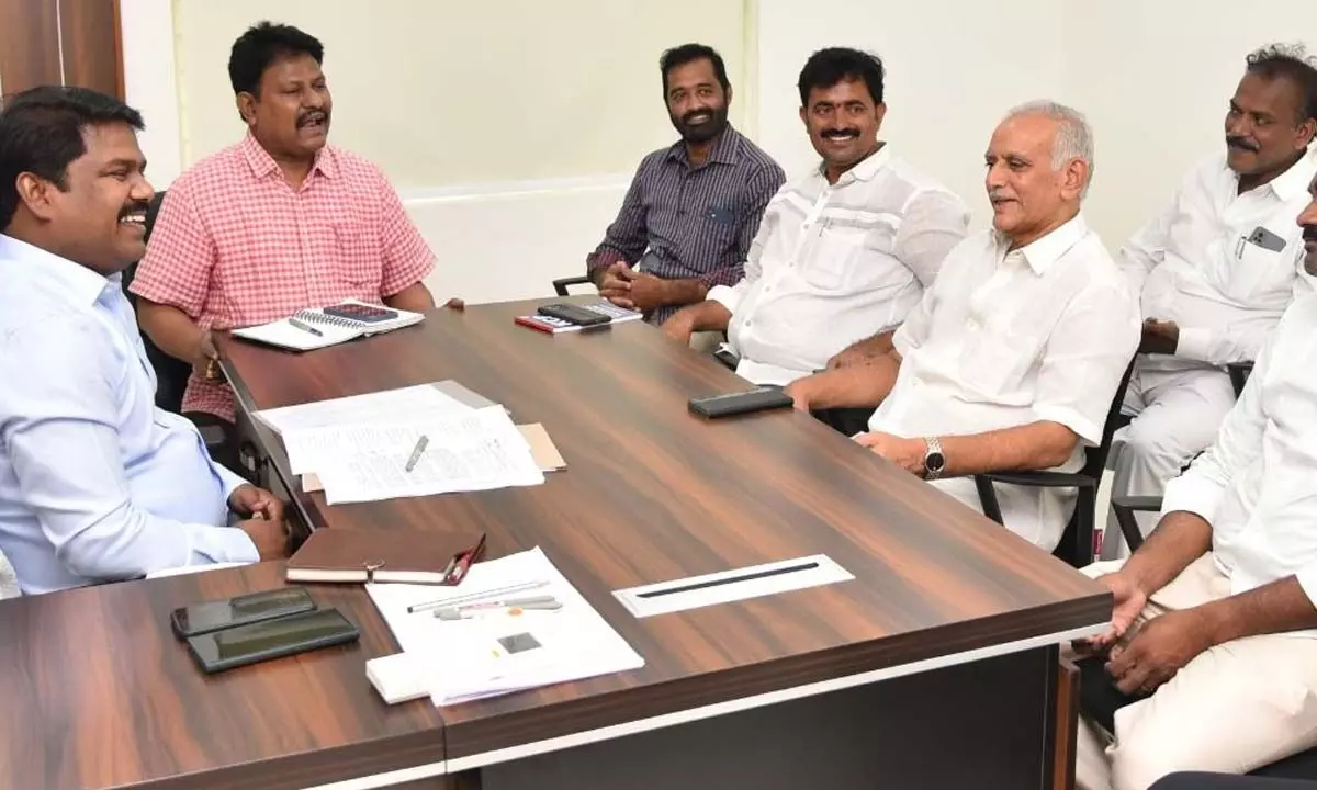 Joint Collector P Sampath Kumar holding a meeting with the representatives of political parties in Vijayawada on Wednesday