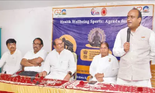 Rajayogi Manjunath speaking at Youth 20 Programme held by the Prajapita Brahma Kumaris Ishwariya Vishva Vidyalaya at Sri Harshini College in Ongole on Tuesday