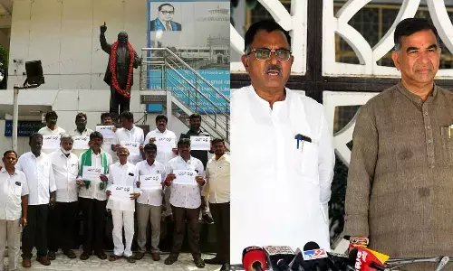 AP Sarpanches protest at AP Bhavan while Mallu Ravi speaks to media at TS Bhavan in Delhi