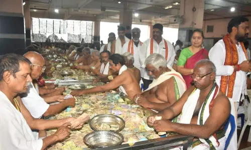 Hundi counting going on at Sri Mallikarjuna Maha Mandapam inside Sri Durga temple atop Indrakeeladri on Wednesday