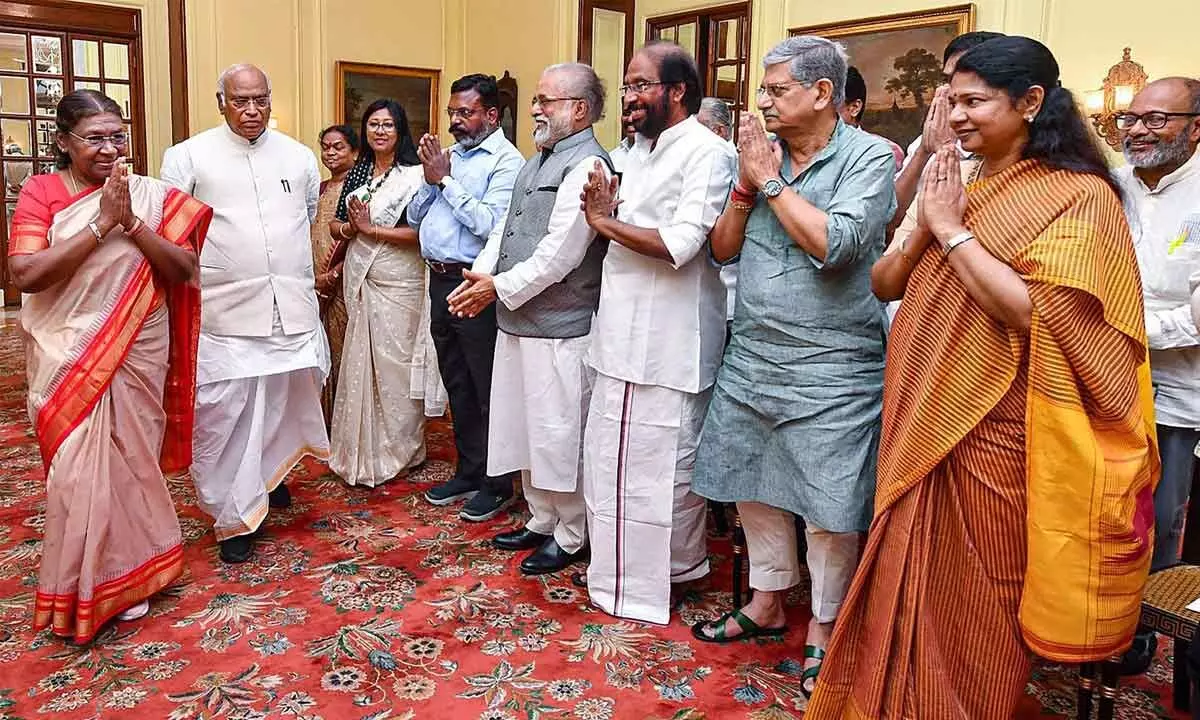 President Droupadi Murmu in a meeting with a delegation of INDIA MPs led by Leader of Opposition in the Rajya Sabha Mallikarjun Kharge at Rashtrapati Bhavan, in New Delhi on Wednesday