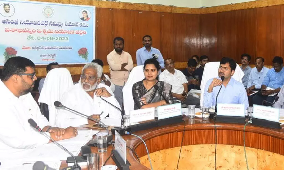 District in-charge Minister Vidadala Rajini, among others at the constituency review meeting held in Visakhapatnam on Friday