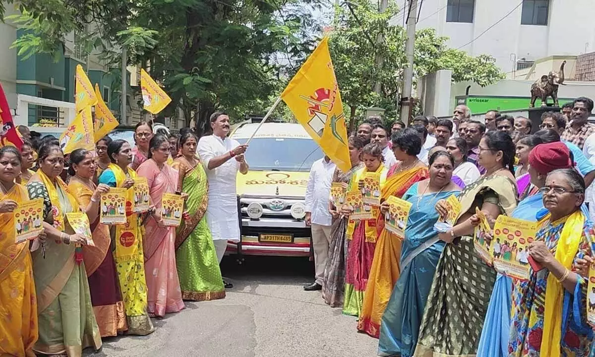 TDP Visakhapatnam north constituency MLA Ganta Srinivasa Rao launching ‘Maha Shakti Chaitanya Rathayatra’ in Visakhapatnam on Friday